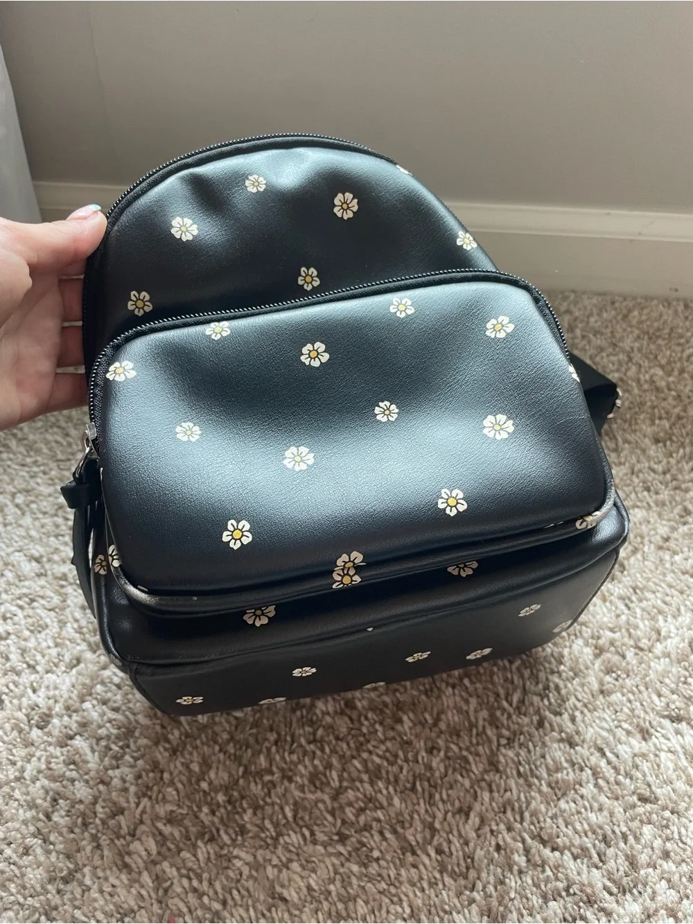 Black Mini Backpack with White Daisy Print